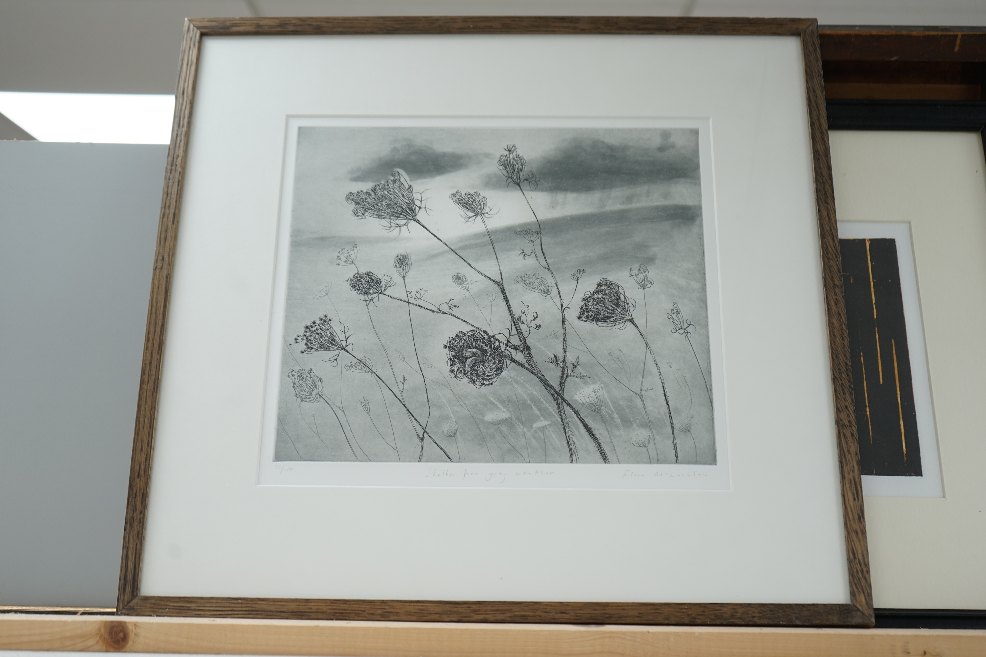 Two Contemporary prints comprising Eileen Martin, collagraph, ‘Line and Movement II’, limited edition 1 of 20, signed in pencil and Flora McLachlan, monochrome etching, ‘Shelter from grey weather’, limited edition 32 of